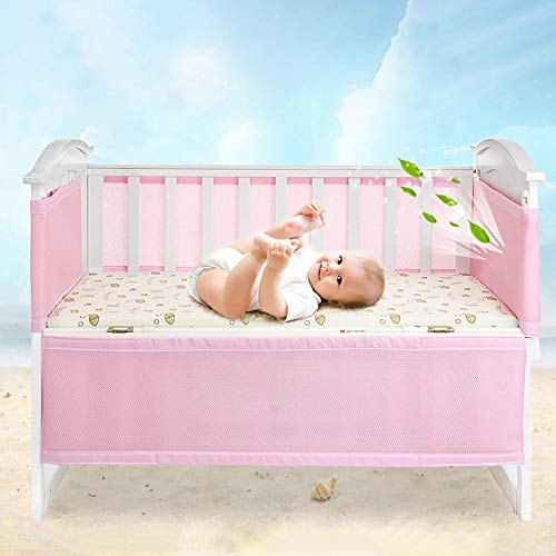 Hothuimin Baby Breathable Mesh Crib Liner Crib Bumper Pads for Standard Cribs Machine Washable (Pink)