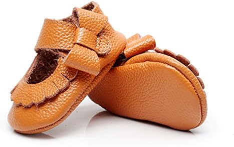 R&amp;V 0-24M Infant Girls Moccasins 100% Real Leather Soft Sole Bowknot Toddler Girl Shoes Princess Firstwalkers (Inner Length: 12cm(6-12M), Light Brown)