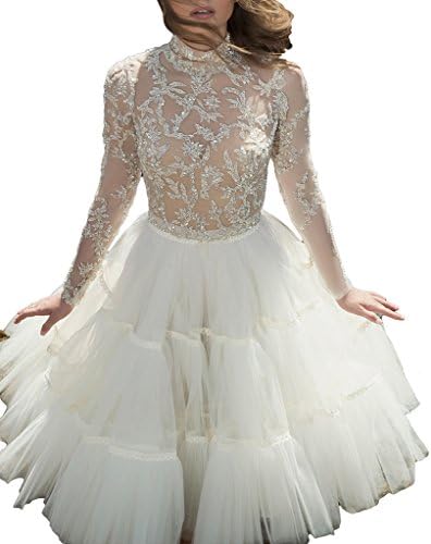 Short Wedding Bridal Dresses-Long Sleeves High Neck Knee Length Wedding Gowns for Women Beaded by Sogala