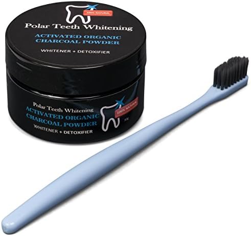 Polar Teeth Whitening Charcoal Powder with Free Charcoal Toothbrush - Organic Activated Coconut Charcoal - Whitens Teeth, Freshens Breath, Detoxes Naturally- Gluten Free, Vegan, Kosher
