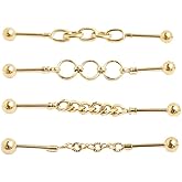 Zynova 4Pcs 16G Stainless Steel Gold Chain Industrial Piercing Jewelry for Women Men Minimalist Cartilage Industrial Barbell Earrings Golden Cartilage Piercing Jewelry