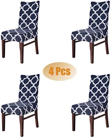 SARAFLORA Moroccan Dining Chair Slipcovers - Stretch Washable Seat Protectors for Kitchen Living Room Wedding Hotel Ceremony Party (4 Pcs, Navy)