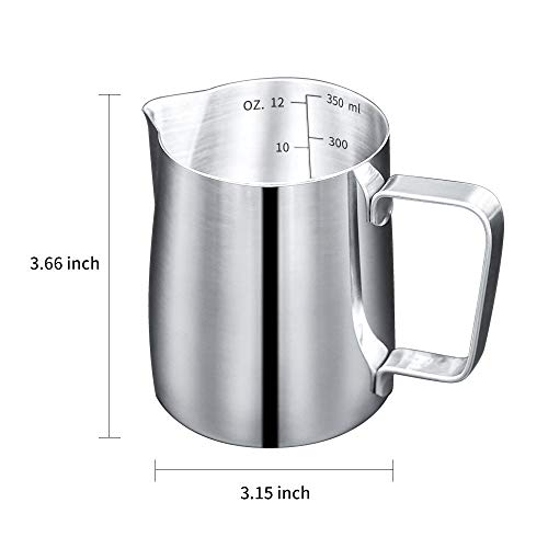 HouseHoo Milk Frothing Pitcher, 12 Oz (350 ml) Coffee Milk Frother Pitcher, Milk Frother Cup with Measurements Inside for Latte Coffee Arts, Stainless Steel Frothing Cup, Espresso Machines