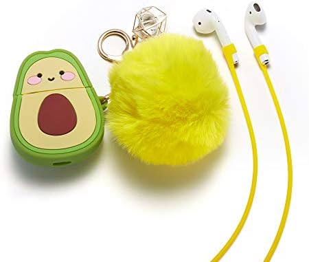 Lastma Airpods Case Cute Cartoon Airpods 2 Case Cover with Pom Pom Fur Ball Keychain/Strap Silicone Air Pods Case for Apple Airpods 2 & 1 - Smile Avocado
