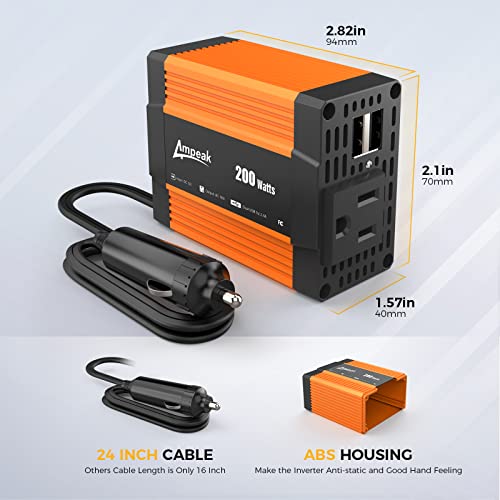 Ampeak 200W Car Power Inverter 11 Safe Protections DC 12V to AC 110V Car Converter 4.8A Dual USB Ports for iPhone,Ipad,Laptop