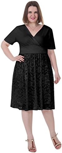 Sapphyra Women's Plus Size V Neck Lace Dress Fit and Flare Casual Dress (Black L)