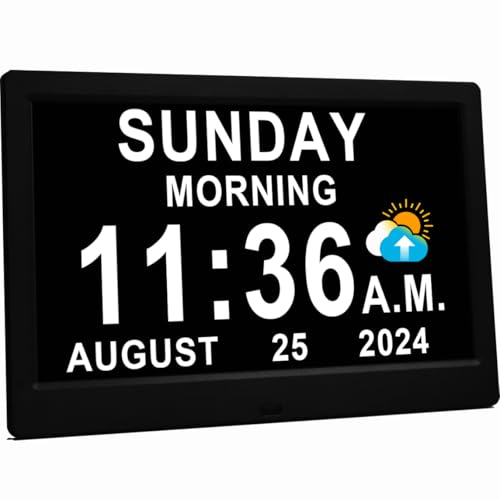 MASSII 11,5 Zoll Digitaluhr mit Auto DST und Sonne Mond Icons, Benutzerdefinierte Erinnerungen und Kalenderuhr, Tag Datum Uhr für Senioren Demenz Alzh