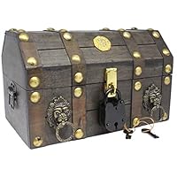 Well Pack Box Pirate Treasure Chest Box 11 x 7 x 6 with Antique Lock Key Distressed Brown (Small)