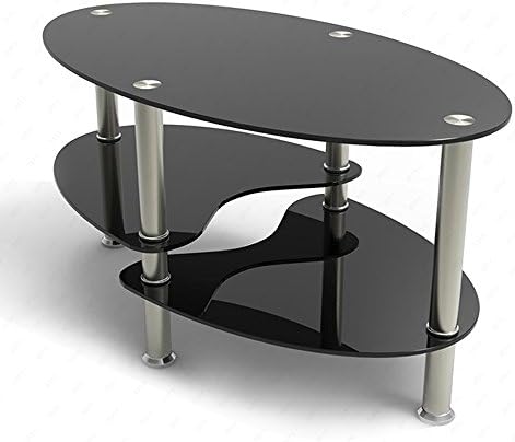 SUNCOO Glass Coffee Table Shelf Chrome Base Living Room Furniture (Oval Side, Black)
