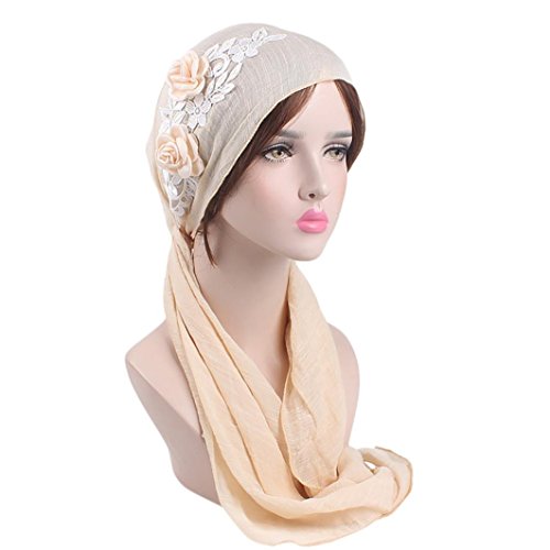Sunfei Women India Muslim Stretch Retro Floral Cotton Turban Hat Head Scarf Wrap Cap (Beige) - Thumbnail 3