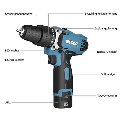 WESCO Akkuschrauber Akkubohrer 12V Akku Bohrer Schrauber Bohrschrauber Schlagbohrschrauber Drill Driver Set Drehmoment… – Bild 3