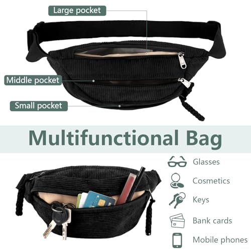 Maxmoc Bum Bag Corduroy Crossbody Bag Shoulder Bag for Men and Women | Black Fashionable Belt Bag with Shoulder Strap Adjustable for Outdoor Sports, Travel, School, Work
