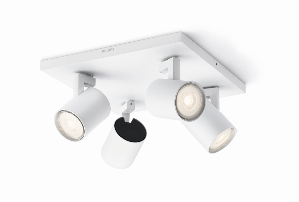 Philips Runner 4 Spot Fixture [White - Square] Adjustable Metal GU10 Light Heads. For Indoor Home Lighting, Livingroom, Bedroom.
