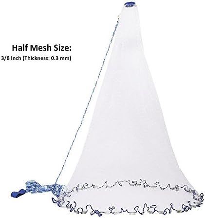 TOPIND Fishing Cast Net Handmade Saltwater Throw Fishing Net for Bait Trap Fish Heavy Duty Real Lead Weight 4ft/5ft/6ft/7ft/8ft/9ft/10ft/11ft/12ft Radius 3/8inch Mesh Size Clear Mono Cast Net