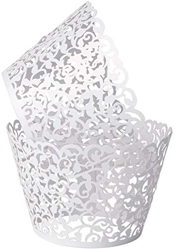 100 PCS Cupcake Wrappers, Cupcake Cases Artistic Bake Cake Paper Cups Lace Filigree Cupcake Liners Laser Cut Cupcake Muffin Cups for Wedding Party Birthday Decoration (White)