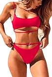 QINSEN High Waist Bikini Swimwear for Women Cutout Strappy Bandage 2PCS Bathing Suit Outfit Red L