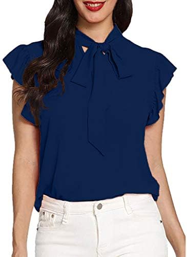 Women's Solid Chiffon Tops Ladies Casual Cap Sleeve Bow Tie Short Sleeve T-Shirt Blouse