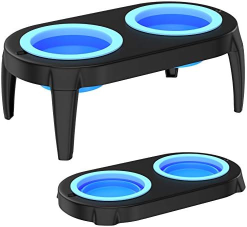 Koopao Cat Dog Food Bowls Elevated Dishes Stand, Travel Use Raised Pet Food Water Feeder Set with Foldable Silicone Frisbee Bowl and Detachable Leg for Small Medium Dogs Puppy, 24oz Dishwasher Safe BU