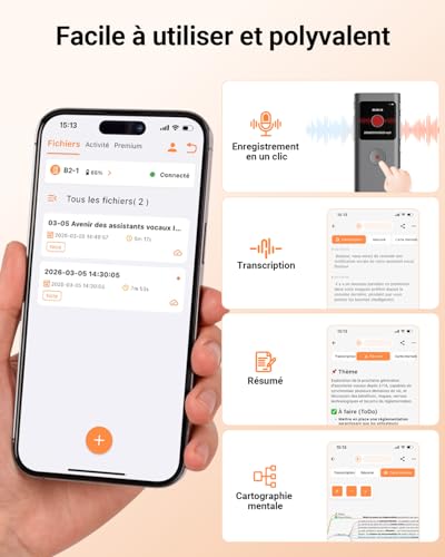 NUASI Enregistreur Vocal IA Dictaphone Numérique avec Transcription, Résumé, 64 Go, 90+ Langues, Enregistrement HD en Un clic, Réduction Intelligente du Bruit pour interviews/Classes/réunions
