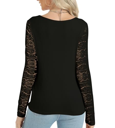 CAKULO 2024 WOMENS TOPS DRESSY CASUAL BUSINESS V NECK LACE LONG SLEEVE TRENDY WORK LAYERING RIBBED BLOUSES SHIRTS BLACK S