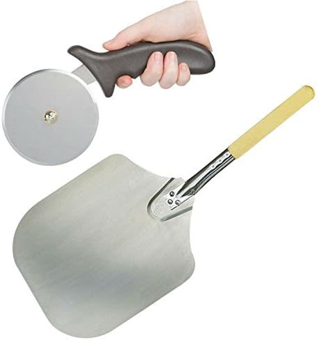 American Metalcraft 12" x 14" Aluminum Pizza Peel with 10" Wood Handle and a 4" Pizza Cutter with Plastic Handle – Perfect set to Bake and cut your Pizza