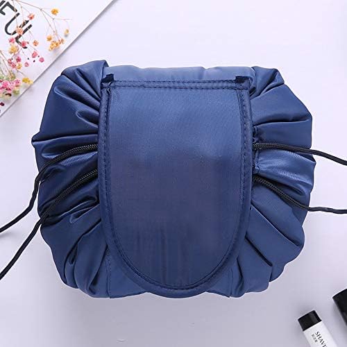 Fashion Drawstring Cosmetic Bag Travel Lazy Makeup Storage Bag Portable&Waterproof Quick Pack Large Cosmetic Bag Dual Magic Bags With Zipper&Drawstrings Brush Holder Carry On Travel (Navy)