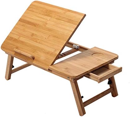 B FSOBEIIALEO Laptop Desk Table Bed Tray, Bamboo Foldable Adjustable Breakfast Table Computer Notebook Stand Tilting Top with Storage Drawer