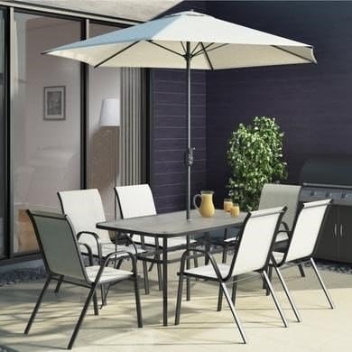 Fortrose Cream Garden Table & Chairs Patio Set with 6 Chairs & Parasol