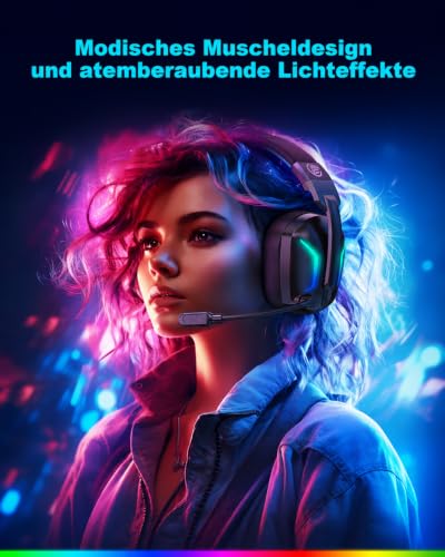 Fachixy Wireless Gaming Headset with Microphone for PS5, PS4, PC, Switch, Mac and Laptop, 2.4GHz Low Latency USB & Bluetooth, Foldable with LED Light, Surround Sound and 80 Hours Battery Life
