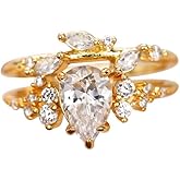 Hsitgexf Yellow Gold-Plated Pear Shaped Cut Cubic Zirconia Solitaire Engagement and Marquise Cut Wedding Band Ring for Women Two-Piece Bridal Stack Ring Set Sizes 6-10(6)
