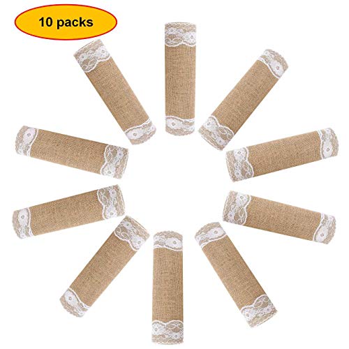 boyspringg Set of 10 Wedding Burlap Table Runners with White Lace Hem,12x108 Inch,Hessian Jute Rustic Country for Wedding Party Birthday Engagement Hotel Home Décor