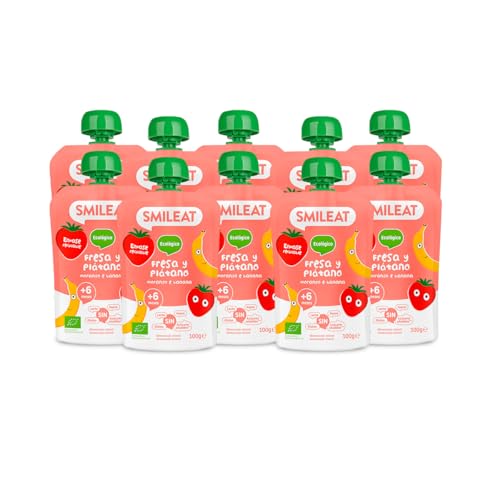 - Pack de 10 Pouch de Frutas Ecológicas - Sin Sal ni Azúcar Añadido, Sin Gluten - Snack Práctico para Peques - Sabor a Fresa y Plátano