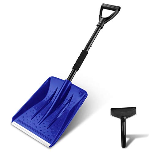 V VONTOX Snow Shovel, Detachable Plastic Snow Shovel with D-Grip Handle and Aluminum Edge Blade,Portable Compact for Car, Truck, Outdoor Camping Garden (with Small Snow Shovel Scraper) (Blue)