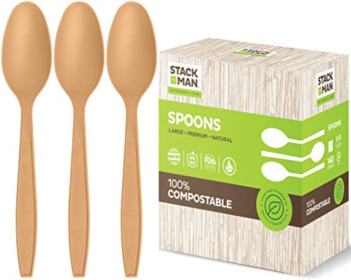Stack Man 100% Compostable Plastic Silverware, Large Premium Heavy-Duty Flatware Utensils Eco Friendly BPi Certified, 6.5 Inch, Organic Natural Wood Color Tableware