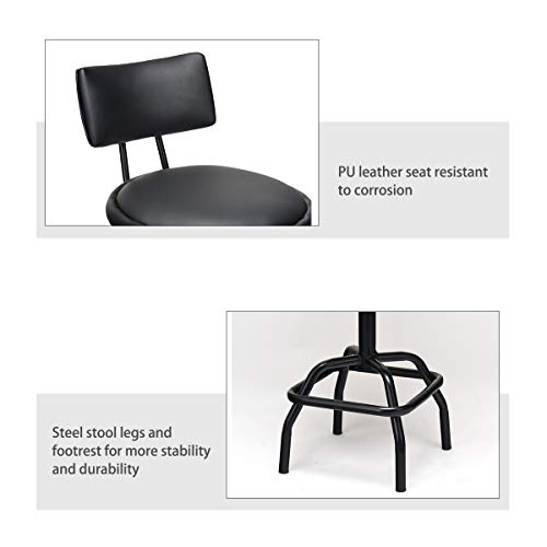 Costway Hydraulic Stool, Comfortable Adjustable Heavy Duty Steel Frame Armless Bistro Pub, 360-degree Swivel Black Chair with Footrest and Modern PU Leather Cushion and Backrest for Home, Bar and Shop