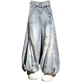 Retro Denim Lantern Pants for Women High Waist Hole Trousers Y2k Baggy Ripped Jean Pants Wide Leg Jeans