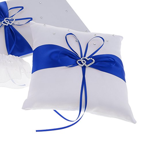 SunniMix Pieces of 5 Wedding Set Guest Book and Pen Stand Flower Girl Basket Ring Cushion Ring Holder Ring Bearer Garter Keepsake Memorial - Blue, as described
