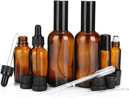 6 Pack Amber Glass Bottle Kits - 2 Pack 3.5 oz Spray Bottles 2 Pack 1 oz Dropper Bottles 2 Pack 10ml Roller Bottles for Essential Oils or Cleaning Agent Well-packed