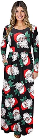 Kaitobe Womens Bohemian Long Sleeve Maxi Dress Santa Christmas Print High Waist Cocktail Party Prom Long Evening Dress