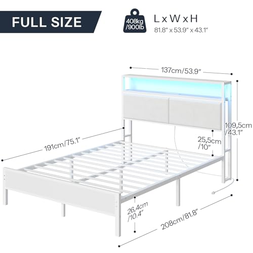 HOOBRO Full Bed Frame, Metal Platform Bed Frame with Charging Station and LED Light, Headboard with Shelves, No Box Springs Needed, White WT03UDBF01