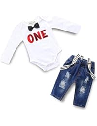Toddler Baby Boy Clothes Set Bowtie Romper Suspenders Ripped Denim Pants Outfits (White2, 100/Fit 18-24 Months)