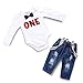Pinleck Toddler Baby Boy Birthday Clothes Set Bowtie Romper Suspenders Ripped Denim Pants Outfits (1st Birthday-White-1Long, 18-24 Months)