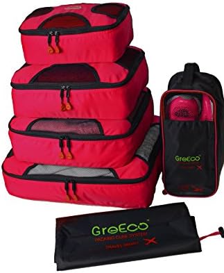 GreEco 4 Pcs Packing Cubes Plus 1 Pc Laundry Bag and 1 Pc Shoe Bag Red