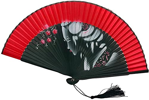 1SourceTek Silk Hand Held Fan 8.27 inches (21cm) Hand Fans for Women Folding, Hand Fan Folding - Chinese Retro Style (Red Plum Girl)
