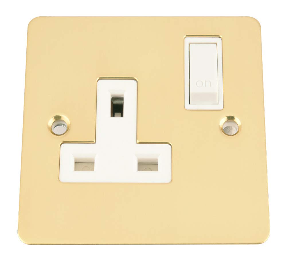 Socket 1 Gang - Polished Brass Flat - White Insert Plastic Switch - 13A Single Wall Plug Socket
