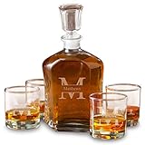 Personalized Whiskey Decanter 4 Low Ball Glasses Gift Set Monogrammed with Name and Initial - Stamped