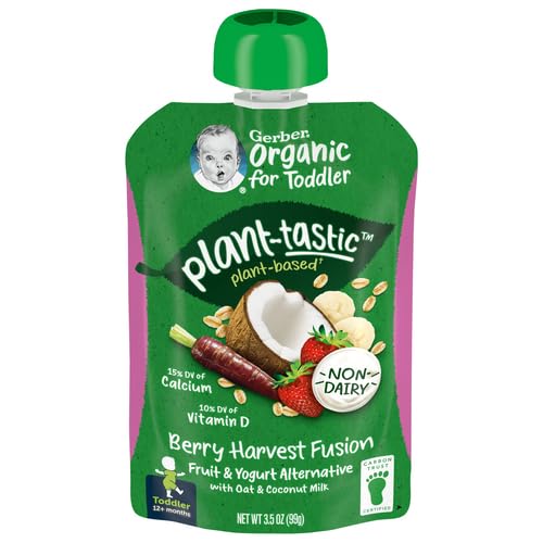 GERBER ORGANIC BABY FOOD POUCHES, TODDLER, PLANT-TASTIC, BERRY HARVEST FUSION, FRUIT & YOGURT ALTERNATIVE WITH OAT & COCONUT MILK, NON-DAIRY, 3.5 OZ