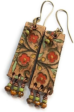 Rustic Bittersweet Orange Boho Leather Earrings Beaded Drop -Jewelry Gift Ideas for Women