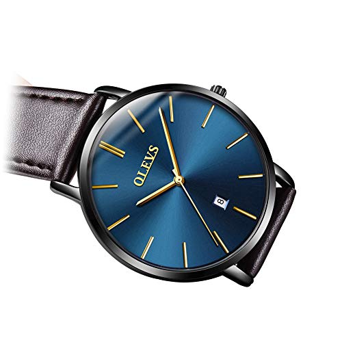 OLEVS Men's Ultra Thin Alloy Watches Quartz Analog Calendar Date Window Business Casual Slim Wristwatch Waterproof 30M 3ATM Black Blue Dial Brown Genuine Cowhide Leather Band Simple Classic Gift YPF