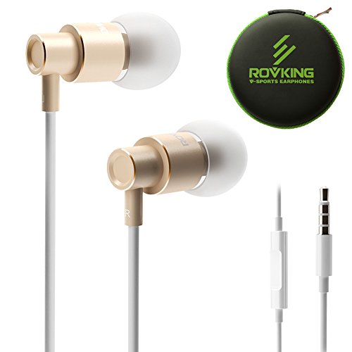 ROVKING Wired Metal Earbuds in Ear Headphones with Mic and Case Bass Stereo Noise Isolating Ear Buds Inear Earphones for Cell Phones Tablet – Lightweight, Aluminum Alloy, Inline Remote (Gold)